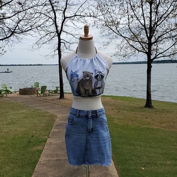 Hey Sue! Upcycled Raccoon Bear Fox  Halter Top Reversible Festival Top S/M - Picture 11 of 11